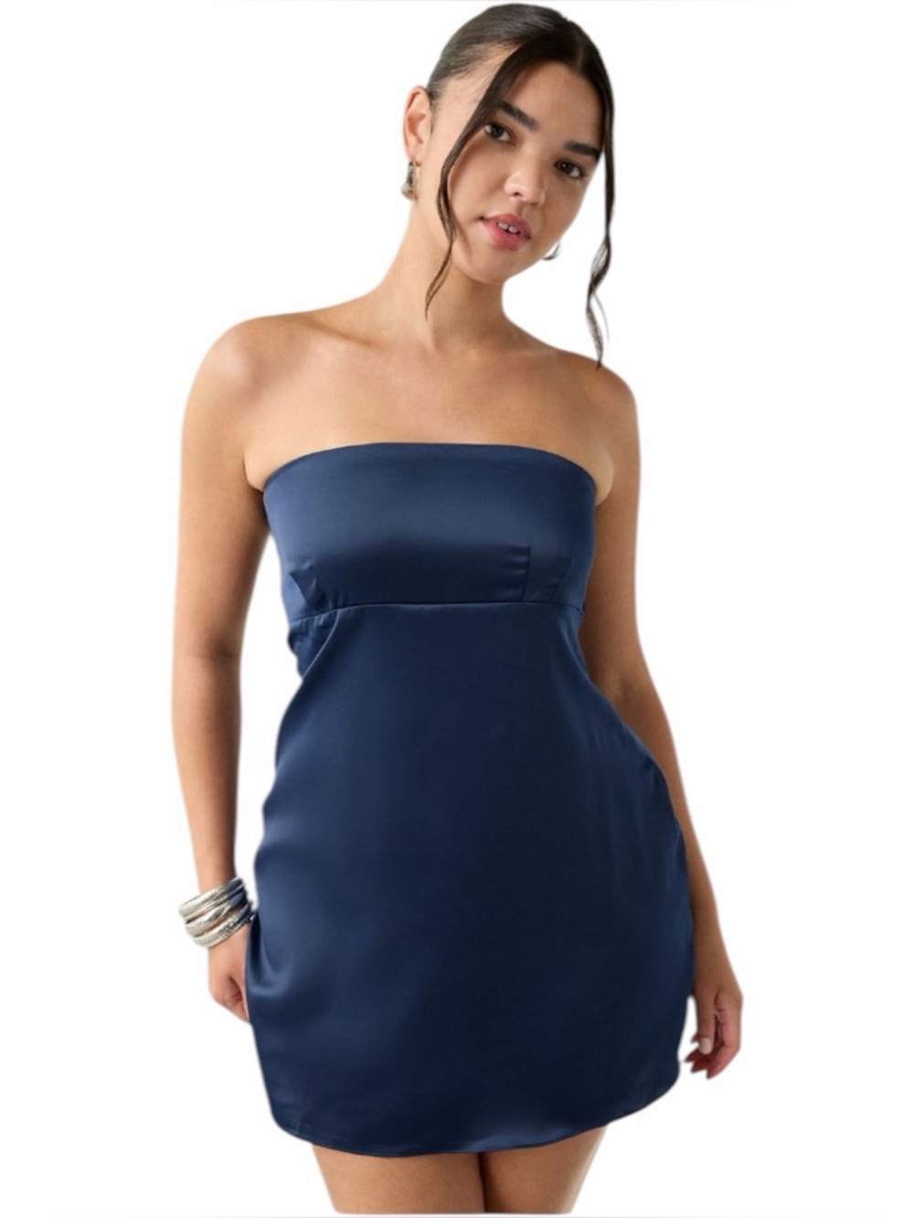 UO Mira Strapless Satin Mini Dress Navy Tie Back Bow L NWT
